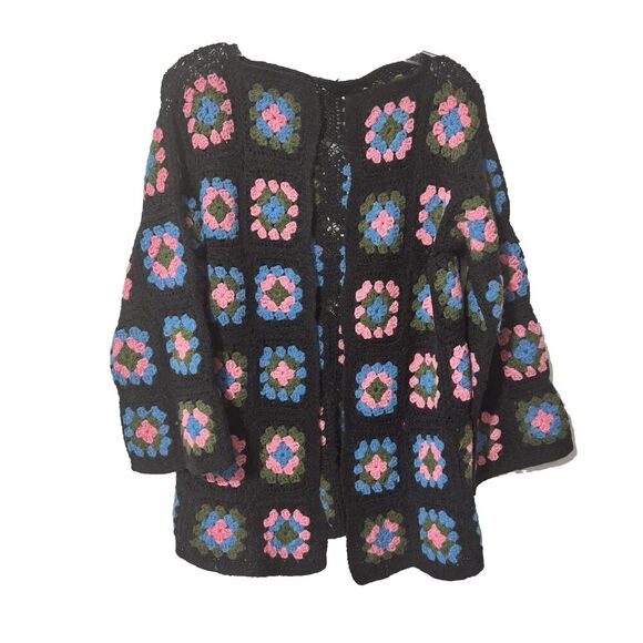 Unbranded Sweaters - Granny Square Open Front Square Crochet  Black Waffle Knit Cardigan L